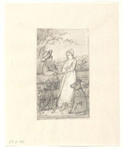 Shepherdess with shepherd dog talking to a man at a fence