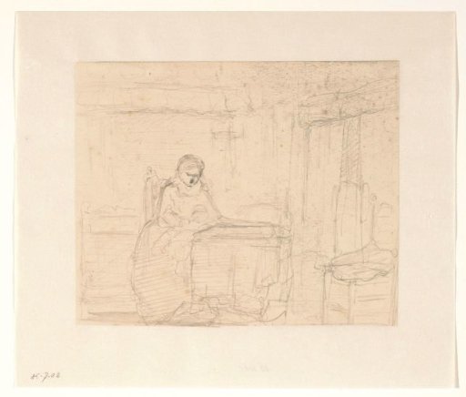 Interior with woman and child at a cradle