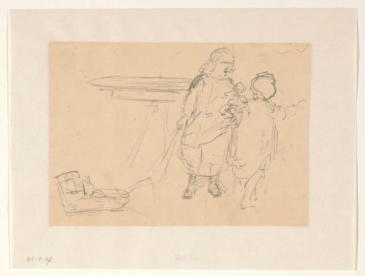 Two children playing with a doll and a doll's carriage