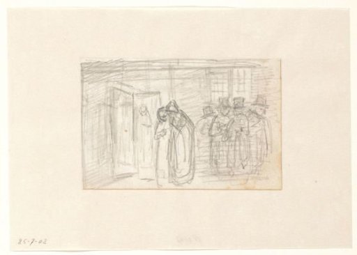 Interior with a departing funeral procession