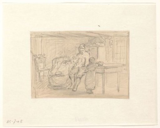 Interior with a man at a table, a cradle and a girl