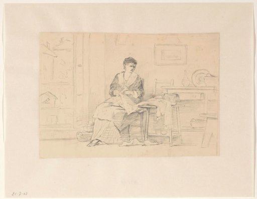 Interior with a young woman with needlework