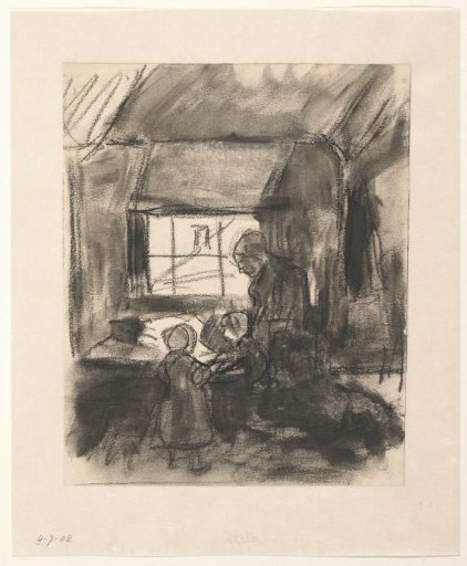 Interior with a woman and two small children