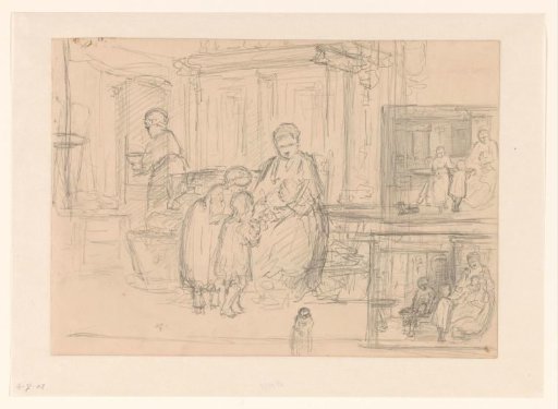 Three Sketches of Mother with Children in Interior