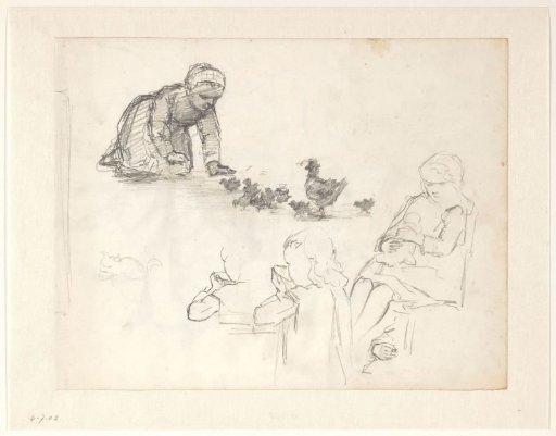 Three depictions of a girl with chicks, a bowl, and a doll