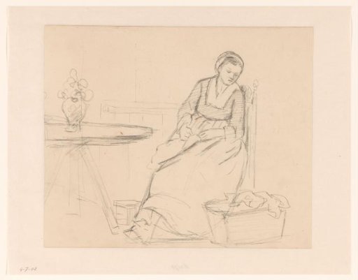 Woman seated by a cradle