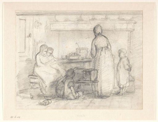 Kitchen interior with woman and children