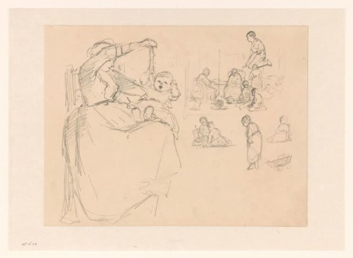 Sketch sheet with mother and playing children