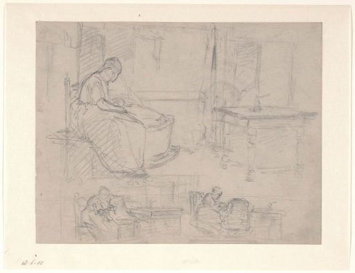 Sketch sheet with woman by a cradle