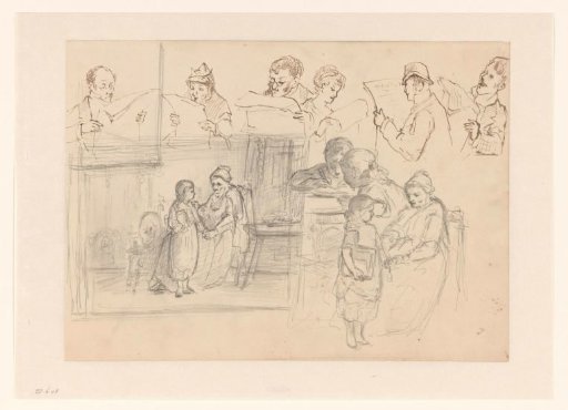 Newspaper readers, a child with an old woman in an interior, and writing children