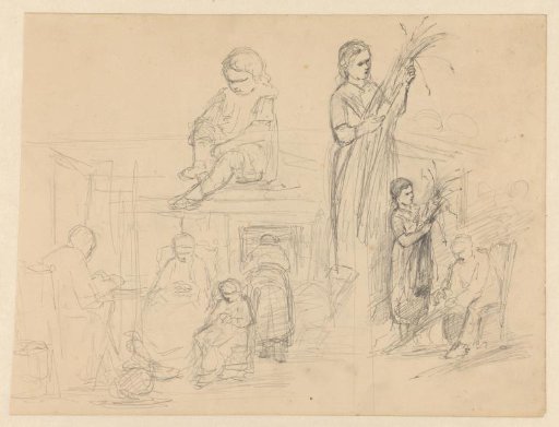 Sketch sheet with girl, woman with sheaf of corn and interior with family