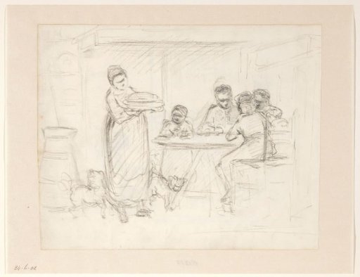 Four people around a table and a woman with food