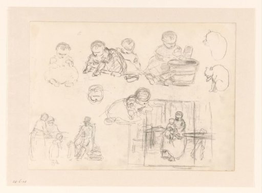 Sketches of small children, mother with child and a cat