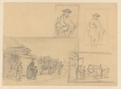 Two sketches of a funeral procession and two sketches of a man