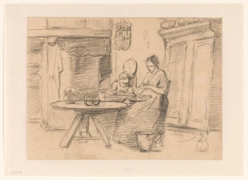 Mother with a Child in a High Chair in an Interior
