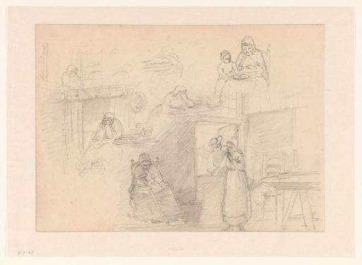 Sketch Sheet with Crying Old People and a Girl with Her Suitor