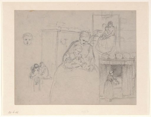 Sketch sheet with woman with child and girl at bedstead