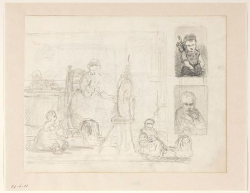 Woman at spinning wheel and children, portrait of child and old man