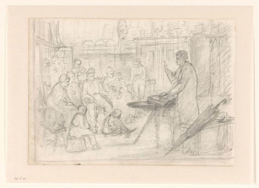 Farmhouse with a preaching evangelist and listeners