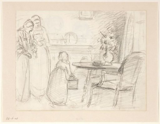 Interior with two women and a child