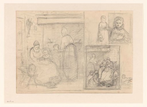 Sketch sheet with interior with women and children