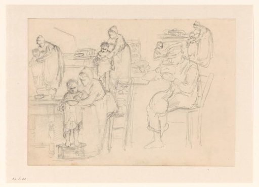 Sketches of a mother dressing her child and a drinking young man