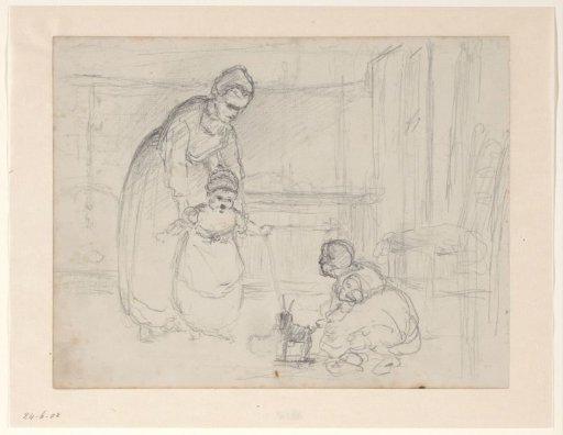 Interior with woman and two small children
