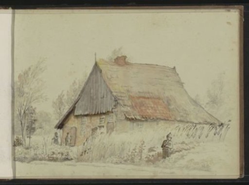 Three figures at a farmhouse