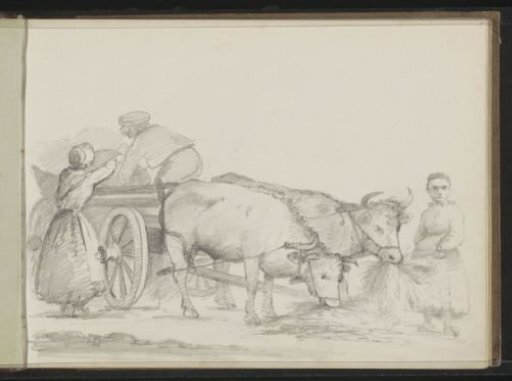 Three figures at an ox cart