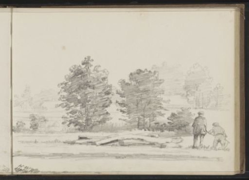 Two men with a scythe in a landscape