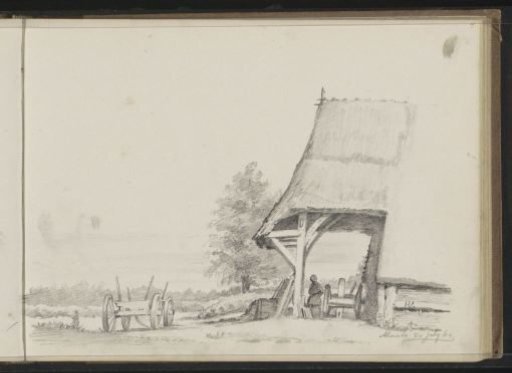 Peasant woman under the eaves of a farmhouse in Almelo