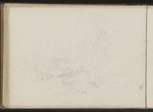 Woman with a basket and a boy at a farmhouse