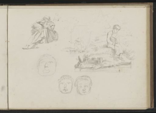 Boy fishing, a seated woman, and faces