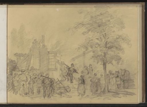 Group of figures around a building