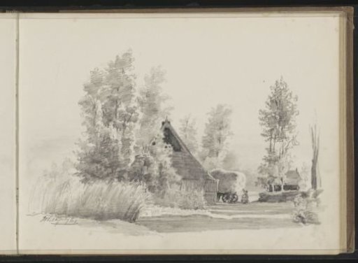 Hay wagon and two figures at a barn