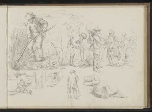 Study sheet with men with tools in nature