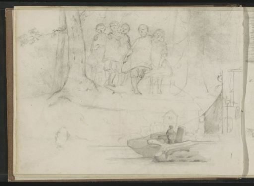 Children on a forest path and a man on a quay
