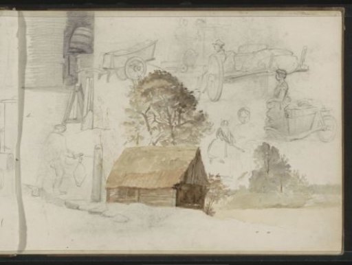 Study sheet with a farmhouse, hand carts, and figures