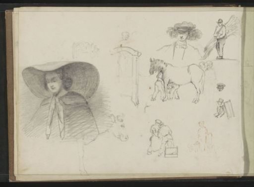 Study sheet with horses, a farmer with sheaves of corn, and a cart