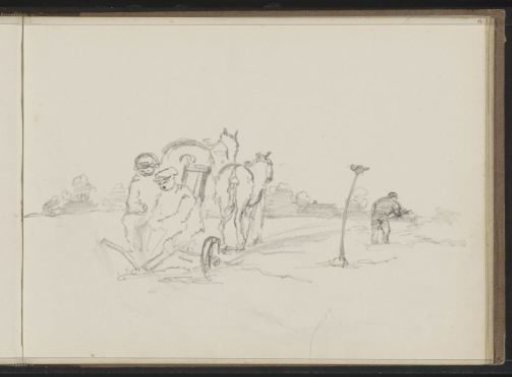 Two Men on a Plow in a Meadow