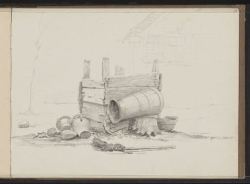Broom Handle, a Barrel, and Goblets Next to a Coop