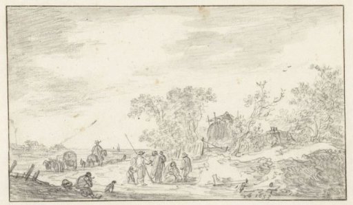Group of figures along a road