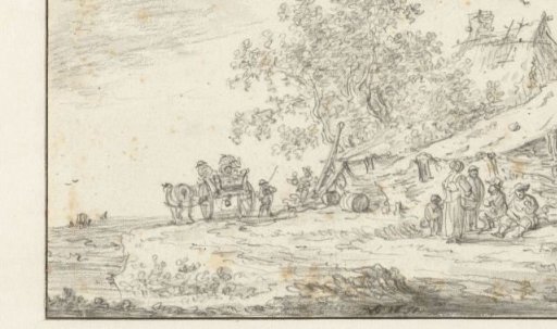 Five figures resting in front of a farmhouse