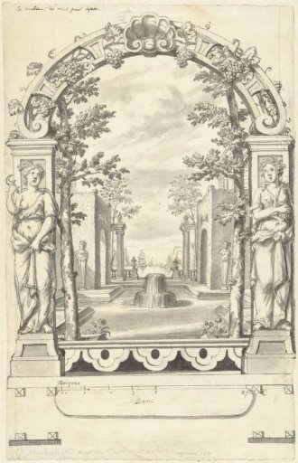 Design for a Decorative Panel with a View of a Garden Through Statues