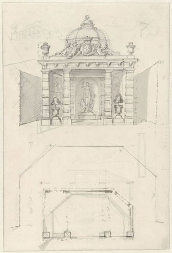 Plan and elevation of a garden house with the coat of arms of Keppel
