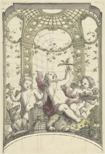 Design for an Arbour of Green Lattice Work, in Which Three Putti Play with Animals