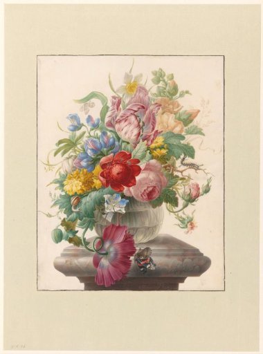 Flowers in a glass vase with a butterfly