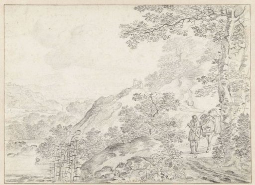 Mountainous landscape with a man and pack animal on the right