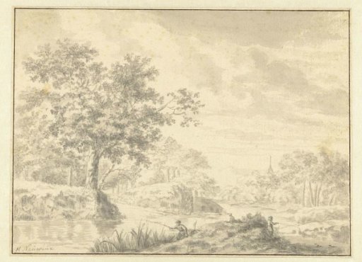 Wooded river landscape with two anglers