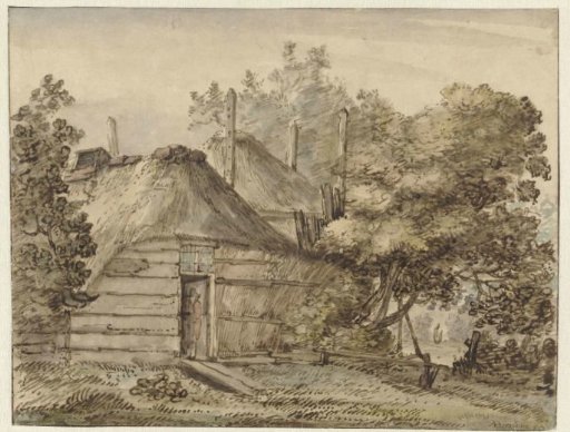 Farmhouse and a haystack among trees